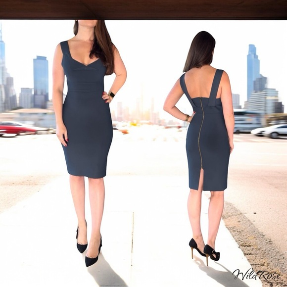 ROLAND MOURET BLUE GRAY BODYCON STRETCH DRESS SZ 10
